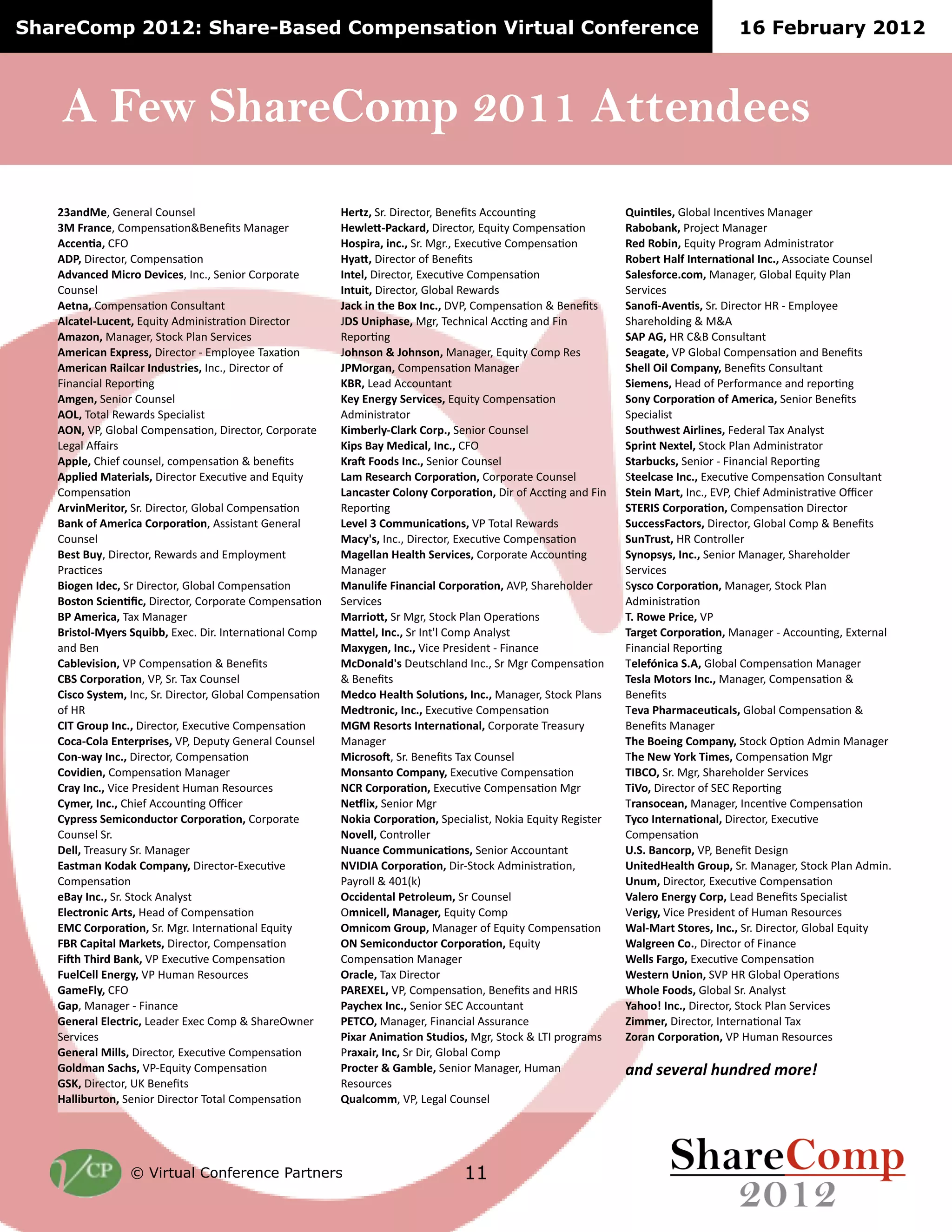 ShareComp 2012: Share-Based Compensation Virtual Conference                                                                          16 February 2012



    A Few ShareComp 2011 Attendees
   78#2*9->&A%<%")*&H90<I%*                               T-$0B=&4"P&:#"%$,9">&E%<%K,I&'$$90<;<M                ]1)2<%-4=!A*9+)*&O<$%<;(%I&L)<)M%"
   89!:$#2,->&H965%<I);9<JE%<%K,I&L)<)M%"                 T-P%-U'6#,G#$*=&:#"%$,9">&QR0#,-&H965%<I);9<          5#L/L#2G=&!"9f%$,&L)<)M%"
   ;,,-2<#=&HN8                                           T/4+)$#=!)2,O=&4"P&LM"P>&QU%$0;(%&H965%<I);9<         5-*!5/L)2=&QR0#,-&!"9M")6&'B6#<#I,"),9"
   ;>6=&:#"%$,9">&H965%<I);9<                             T&#U=!:#"%$,9"&9V&E%<%K,I                             5/L-$0!T#%.!D20-$2#</2#%!D2,O=&'II9$#),%&H90<I%*
   ;*?#2,-*!9),$/!>-?),-4>&O<$P>&4%<#9"&H9"59"),%&        D20-%=!:#"%$,9">&QU%$0;(%&H965%<I);9<                 I#%-4./$,-O,/A=&L)<)M%">&A*9+)*&QR0#,-&!*)<&
   H90<I%*                                                D201)0=!:#"%$,9">&A*9+)*&W%X)"BI                      4%"(#$%I
   ;-02#=&H965%<I);9<&H9<I0*,)<,                          V#,G!)2!0S-!(/C!D2,O=&:Y!>&H965%<I);9<&J&E%<%K,I      I#2/J';?-2<4=!4"P&:#"%$,9"&]W&1&Q65*9-%%&
   ;%,#0-%'@1,-20=&QR0#,-&'B6#<#I,");9<&:#"%$,9"          />I!W2)+S#4-=&LM">&T%$<#$)*&'$$;<M&)<B&N#<&          4)"%9*B#<M&J&LJ'
   ;A#B/2=!L)<)M%">&4,9$S&!*)<&4%"(#$%I                   W%59";<M                                              I;6!;N=!]W&HJE&H9<I0*,)<,
   ;A-$),#2!"C+$-44=&:#"%$,9"&1&Q65*9-%%&T)U);9<          //S24/2!X!V/S24/2=&L)<)M%">&QR0#,-&H965&W%I           I-#3#0-=!Y!&A*9+)*&H965%<I);9<&)<B&E%<%K,I
   ;A-$),#2!5#)%,#$!D2*140$)-4=&O<$P>&:#"%$,9"&9V&        V69/$3#2=!H965%<I);9<&L)<)M%"                         IS-%%!E)%!H/A+#2&=!E%<%K,I&H9<I0*,)<,
   N#<)<$#)*&W%59";<M                                     Q(5=&Z%)B&'$$90<,)<,                                  I)-A-24=!]%)B&9V&!%"V9"6)<$%&)<B&"%59";<M
   ;A3-2=&4%<#9"&H90<I%*                                  Q-&!"2-$3&!I-$?),-4=&QR0#,-&H965%<I);9<&              I/2&!H/$+/$#</2!/.!;A-$),#=&4%<#9"&E%<%K,I&
   ;E@=!T9,)*&W%X)"BI&45%$#)*#I,                          'B6#<#I,"),9"                                         45%$#)*#I,
   ;EF=&Y!>&A*9+)*&H965%<I);9<>&:#"%$,9">&H9"59"),%&      Q)AL-$%&'H%#$G!H/$+O=&4%<#9"&H90<I%*                  I/10SP-40!;)$%)2-4=&N%B%")*&T)U&'<)*-I,
   Z%M)*&'[)#"I                                           Q)+4!(#&!9-*),#%=!D2,O=!HN8                           I+$)20!F-C0-%=!4,9$S&!*)<&'B6#<#I,"),9"
   ;++%-=&H#%V&$90<I%*>&$965%<I);9<&J&+%<%K,I            Q$#R!://*4!D2,O=&4%<#9"&H90<I%*                       I0#$L1,G4=!4%<#9"&1&N#<)<$#)*&W%59";<M
   ;++%)-*!9#0-$)#%4=&:#"%$,9"&QU%$0;(%&)<B&QR0#,-&       @#A!5-4-#$,S!H/$+/$#</2=&H9"59"),%&H90<I%*            40--%,#4-!D2,O=&QU%$0;(%&H965%<I);9<&H9<I0*,)<,
   H965%<I);9<                                            @#2,#40-$!H/%/2&!H/$+/$#</2=!:#"&9V&'$$;<M&)<B&N#<&   I0-)2!9#$0=!O<$P>&QY!>&H#%V&'B6#<#I,");(%&8^$%"
   ;$?)29-$)0/$=!4"P&:#"%$,9">&A*9+)*&H965%<I);9<         W%59";<M                                              IM"5DI!H/$+/$#</2=&H965%<I);9<&:#"%$,9"
   (#2G!/.!;A-$),#!H/$+/$#</2>&'II#I,)<,&A%<%")*&         @-?-%!8!H/AA12),#</24=&Y!&T9,)*&W%X)"BI               I1,,-44:#,0/$4=!:#"%$,9">&A*9+)*&H965&J&E%<%K,I
   H90<I%*                                                9#,&Y4=&O<$P>&:#"%$,9">&QU%$0;(%&H965%<I);9<          I12M$140=!]W&H9<,"9**%"
   (-40!(1&>&:#"%$,9">&W%X)"BI&)<B&Q65*9-6%<,&            9#3-%%#2!T-#%0S!I-$?),-4=&H9"59"),%&'$$90<;<M&        I&2/+4&4=!D2,O=&4%<#9"&L)<)M%">&4)"%9*B%"&
   !")$;$%I                                               L)<)M%"                                               4%"(#$%I
   ()/3-2!D*-,=&4"&:#"%$,9">&A*9+)*&H965%<I);9<           9#21%).-!:)2#2,)#%!H/$+/$#</2=&'Y!>&4)"%9*B%"&      4&4,/!H/$+/$#</2=&L)<)M%">&4,9$S&!*)<&
   (/40/2!I,)-2<J,=&:#"%$,9">&H9"59"),%&H965%<I);9<       4%"(#$%I                                              'B6#<#I,");9<
   (6!;A-$),#=&T)U&L)<)M%"                                9#$$)/U=!4"&LM">&4,9$S&!*)<&85%");9<I                 MO!5/P-!6$),-=&Y!
   ($)40/%'9&-$4!IK1)LL=&QU%$P&:#"P&O<,%"<);9<)*&H965&    9#U-%=!D2,O=&4"&O<,a*&H965&'<)*-I,                    M#$3-0!H/$+/$#</2=&L)<)M%"&1&'$$90<;<M>&QU,%"<)*&
   )<B&E%<                                                9#C&3-2=!D2,O=&Y#$%&!"%I#B%<,&1&N#<)<$%               N#<)<$#)*&W%59";<M
   H#L%-?)4)/2=&Y!&H965%<I);9<&J&E%<%K,I&                 9,>/2#%*Y4&:%0,I$*)<B&O<$P>&4"&LM"&H965%<I);9<&      T-%-.^2),#!IO;=&A*9+)*&H965%<I);9<&L)<)M%"
   H(I!H/$+/$#</2>&Y!>&4"P&T)U&H90<I%*                    J&E%<%K,I                                             M-4%#!9/0/$4!D2,O=&L)<)M%">&H965%<I);9<&J&
   H)4,/!I&40-A=&O<$>&4"P&:#"%$,9">&A*9+)*&H965%<I);9<&   9-*,/!T-#%0S!I/%1</24=!D2,O=&L)<)M%">&4,9$S&!*)<I     E%<%K,I
   9V&]W                                                  9-*0$/2),=!D2,O=&QU%$0;(%&H965%<I);9<                 T-?#!6S#$A#,-1<,#%4=&A*9+)*&H965%<I);9<&J&
   HDM!N$/1+!D2,O=&:#"%$,9">&QU%$0;(%&H965%<I);9<         9N9!5-4/$04!D20-$2#</2#%=&H9"59"),%&T"%)I0"-&         E%<%K,I&L)<)M%"
   H/,#'H/%#!"20-$+$)4-4=!Y!>&:%50,-&A%<%")*&H90<I%*      L)<)M%"                                               MS-!(/-)23!H/A+#2&=!4,9$S&85;9<&'B6#<&L)<)M%"
   H/2'P#&!D2,O=&:#"%$,9">&H965%<I);9<                    9),$/4/R>&4"P&E%<%K,I&T)U&H90<I%*                     TS-!F-P!_/$G!M)A-4=!H965%<I);9<&LM"
   H/?)*)-2=&H965%<I);9<&L)<)M%"                          9/24#20/!H/A+#2&=&QU%$0;(%&H965%<I);9<                MD(HE=&4"P&LM">&4)"%9*B%"&4%"(#$%I
   H$#&!D2,O=&Y#$%&!"%I#B%<,&]06)<&W%I90"$%I              FH5!H/$+/$#</2=&QU%$0;(%&H965%<I);9<&LM"              M)[/=&:#"%$,9"&9V&4QH&W%59";<M
   H&A-$=!D2,O=&H#%V&'$$90<;<M&8^$%"                     F-Z%)C=&4%<#9"&LM"                                    T$#24/,-#2=&L)<)M%">&O<$%<;(%&H965%<I);9<
   H&+$-44!I-A),/2*1,0/$!H/$+/$#</2=!H9"59"),%&           F/G)#!H/$+/$#</2=&45%$#)*#I,>&b9S#)&QR0#,-&W%M#I,%"   M&,/!D20-$2#</2#%=&:#"%$,9">&QU%$0;(%&
   H90<I%*&4"P                                            F/?-%%=!H9<,"9**%"                                    H965%<I);9<
   >-%%=&T"%)I0"-&4"P&L)<)M%"                             F1#2,-!H/AA12),#</24=&4%<#9"&'$$90<,)<,               WOIO!(#2,/$+=&Y!>&E%<%K,&:%I#M<
   "#40A#2!Q/*#G!H/A+#2&=&:#"%$,9"1QU%$0;(%&              F[D>D;!H/$+/$#</2=!:#"14,9$S&'B6#<#I,");9<>&          W2)0-*T-#%0S!N$/1+=&4"P&L)<)M%">&4,9$S&!*)<&'B6#<P
   H965%<I);9<                                            !)-"9**&J&c3.dSe                                      W21A=!:#"%$,9">&QU%$0;(%&H965%<I);9<
   -(#&!D2,O=&4"P&4,9$S&'<)*-I,                           E,,)*-20#%!6-0$/%-1A=!4"&H90<I%*                      [#%-$/!"2-$3&!H/$+=&Z%)B&E%<%K,I&45%$#)*#I,
   "%-,0$/2),!;$04=!]%)B&9V&H965%<I);9<                   8A2),-%%=!9#2#3-$=&QR0#,-&H965                        Y-$)3&=&Y#$%&!"%I#B%<,&9V&]06)<&W%I90"$%I
   "9H!H/$+/$#</2=!4"P&LM"P&O<,%"<);9<)*&QR0#,-           EA2),/A!N$/1+=&L)<)M%"&9V&QR0#,-&H965%<I);9<          `#%'9#$0!I0/$-4=!D2,O=!4"P&:#"%$,9">&A*9+)*&QR0#,-
   :(5!H#+)0#%!9#$G-04=&:#"%$,9">&H965%<I);9<             EF!I-A),/2*1,0/$!H/$+/$#</2=&QR0#,-&                  `#%3$--2!H/O>&:#"%$,9"&9V&N#<)<$%
   :)RS!MS)$*!(#2G=&Y!&QU%$0;(%&H965%<I);9<               H965%<I);9<&L)<)M%"                                   `-%%4!:#$3/=&QU%$0;(%&H965%<I);9<
   :1-%H-%%!"2-$3&=&Y!&]06)<&W%I90"$%I                    E$#,%-=!T)U&:#"%$,9"                                  `-40-$2!W2)/2=!4Y!&]W&A*9+)*&85%");9<I
   N#A-:%&=&HN8                                           6;5""@=!Y!>&H965%<I);9<>&E%<%K,I&)<B&]WO4            `S/%-!://*4=!A*9+)*&4"P&'<)*-I,
   N#+>&L)<)M%"&1&N#<)<$%                                 6#&,S-C!D2,O=!4%<#9"&4QH&'$$90<,)<,                   _#S//a!D2,O=&:#"%$,9">&4,9$S&!*)<&4%"(#$%I
   N-2-$#%!"%-,0$),=&Z%)B%"&QU%$&H965&J&4)"%8X<%"&       6"MHE=&L)<)M%">&N#<)<$#)*&'II0")<$%                   b)AA-$=&:#"%$,9">&O<,%"<);9<)*&T)U
   4%"(#$%I                                               6)C#$!;2)A#</2!I01*)/4=!LM">&4,9$S&J&ZTO&5"9M")6I     b/$#2!H/$+/$#</2=&Y!&]06)<&W%I90"$%I
   N-2-$#%!9)%%4=&:#"%$,9">&QU%$0;(%&H965%<I);9<          !$#C#)$=!D2,=!4"&:#">&A*9+)*&H965
   N/%*A#2!I#,S4=&Y!1QR0#,-&H965%<I);9<                   6$/,0-$!X!N#AL%-=&4%<#9"&L)<)M%">&]06)<&              !"#$%&'&(!)$*+"#(&#$,-(&.
   NIQ=&:#"%$,9">&_`&E%<%K,I                              W%I90"$%I
   T#%%)L1$0/2=&4%<#9"&:#"%$,9"&T9,)*&H965%<I);9<         ]1#%,/AA>&Y!>&Z%M)*&H90<I%*




                 © Virtual Conference Partners                                   11
 