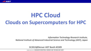HPC	
  Cloud	
  

Clouds	
  on	
  Supercomputers	
  for	
  HPC
Informa(on	
  Technology	
  Research	
  Ins(tute,	
  	
  
Na(onal	
  Ins(tute	
  of	
  Advanced	
  Industrial	
  Science	
  and	
  Technology	
  (AIST),	
  Japan
SC2013@Denver	
  AIST	
  Booth	
  #3309

 