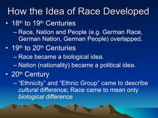 How the Idea of Race Developed 18 th  to 19 th  Centuries Race, Nation and People (e.g. German Race, German Nation, German People) overlapped. 19 th  to 20 th  Centuries Race became a biological idea. Nation (nationality) became a political idea. 20 th  Century “ Ethnicity” and “Ethnic Group” came to describe  cultural  difference; Race came to mean only  biological  difference 
