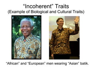 “ Incoherent” Traits (Example of Biological and Cultural Traits) “ African” and “European” men wearing “Asian” batik. 