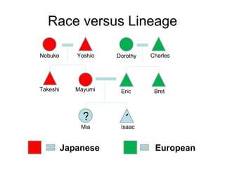 Race versus Lineage ? ? Nobuko Takeshi Dorothy Charles Bret Eric Mayumi Mia Isaac Yoshio Japanese European 