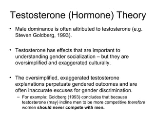 Testosterone (Hormone) Theory <ul><li>Male dominance is often attributed to testosterone (e.g. Steven Goldberg, 1993). </l...