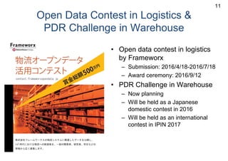 Open Data Contest in Logistics &
PDR Challenge in Warehouse
• Open data contest in logistics
by Frameworx
– Submission: 2016/4/18-2016/7/18
– Award ceremony: 2016/9/12
• PDR Challenge in Warehouse
– Now planning
– Will be held as a Japanese
domestic contest in 2016
– Will be held as an international
contest in IPIN 2017
11
 