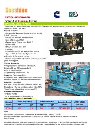 DIESEL GENERATOR
Powered by Cummins Engine
STANDARD SPECIFICATION
Three phase four wire,output voltage 400V/230V,50HZ,between 0.8 lagging,protection capability according with the
standard of NAME1 and IP23.
General Features:
ΔComposed of Cummins diesel engine and LEROY
SOMER alternator
ΔOil and fuel filter fitted,water separator
ΔLube-oil drain valve fitted
ΔElectric Starter Charge motor 24 VD.C
ΔWater-cooled
Δ8-hours operation base tank
Δ Auto start
ΔOptional soundproof and weatherproof canopy
Δ3 pole MCCB Delixi breaker/Optional ABB
ΔOperation & Maintenance manual
ΔSpecial Integrated Steel Base tank and sprayed overall in
gloss enamel paint
Voltage Regulation
Voltage regulation maintanined within ±0.5%
Between 0.8 and 1.0 lagging and unity
From no load to full load
At speed droop variation upto 4.5%
Frequency Adjustable Ratio
Change load from 0-100%,within 1.0%( electric speed
regulator),within 4.5%( mechanical speed regulator)
Frequency Undulation
load from 0-100%,frequency undulation within 0.25%
No load wire volts max undulation ration within 1.8%
Three Phrase balanced load in the order of 5%
Effect factor of Telecom
TIF better than 50
THF to IEC60034 Part 40 better than 2%
50HZ, 1500RPM,3-PHASE,400V/230V

 Gensets          Power output(KVA)               Power output (KW)        Cummins Engine        LEROY SOMER
  model           PRP              ESP            PRP            ESP          Model                Alternator

 SC275             250             275            200            220        6LTAA8.9G2             LSA46.2L6
Note:
(1) Available in the following voltages:220V-240V AND 380V-415V(440V)-50HZ
(2) PRP:Prime Power-Continuous duty operation,under variable load 24/24-h-10% overload permissible 1
hour/12hours.

(3) Rating Definitions (Operation at Altitude ≤1000m, Ambient temperature ≤ 40℃)Continuous Power.These ratings
are applicable for supplying continuous electrical power (at variable load) in lieu of commercially purchased power.
 