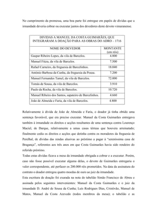 No cumprimento da promessa, uma boa parte foi entregue em papéis de dívidas que a
irmandade deveria cobrar ou executar juntos dos devedores deste devoto vimaranense.
DIVIDAS A MANUEL DA COSTA GUIMARÃES, QUE
INTEGRARAM A DOAÇÃO PARA AS OBRAS DO ADRO – 1716
NOME DO DEVEDOR MONTANTE
(em réis)
Gaspar Ribeiro Lopes, da vila de Barcelos. 4.800
Manuel Fiúza, da vila de Barcelos. 7.500
Rafael Carneiro, da freguesia de Barcelinhos. 18.040
António Barbosa da Cunha, da freguesia da Pousa. 7.200
Manuel Fernandes Tamel, da vila de Barcelos. 72.000
Tomás de Sousa, da vila de Barcelos. 3.910
Paulo da Rocha, da vila de Barcelos. 10.720
Manuel Ribeiro dos Santos, sapateiro de Barcelinhos. 4.660
João de Almeida e Faria, da vila de Barcelos. 4.800
Relativamente à dívida de João de Almeida e Faria, o doador já tinha obtido uma
sentença favorável, que era preciso executar. Manuel da Costa Guimarães entregava
também à irmandade os direitos e acções resultantes de uma sentença contra Lourenço
Maciel, de Darque, relativamente a umas casas térreas que houvera arrematado;
finalmente cedia os direitos e acções que detinha contra os moradores da freguesia de
Perelhal, de dívidas das rendas alusivas ao préstimo a pagar à “sereníssima casa de
Bragança”, referentes aos três anos em que Costa Guimarães havia sido rendeiro do
referido préstimo.
Todas estas dívidas ficava a mesa da irmandade obrigada a cobrar e a executar. Porém,
caso não fosse possível executar alguma delas, o devoto de Guimarães entregaria o
valor correspondente, até perfazer os 200.000 réis prometidos. Na data da assinatura do
contrato o doador entregou quatro moedas de ouro ao juiz da irmandade.
Esta escritura de doação foi exarada na nota do tabelião Simão Francisco de Abreu e
assinada pelos seguintes intervenientes: Manuel da Costa Guimarães e o juiz da
irmandade D. André de Sousa da Cunha; Luís Rodrigues Dias, Cristóvão, Manuel de
Matos, Manuel da Costa Azevedo (todos membros da mesa); o tabelião e as
 