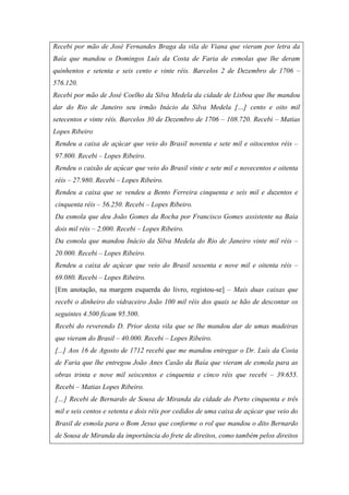 Recebi por mão de José Fernandes Braga da vila de Viana que vieram por letra da
Baía que mandou o Domingos Luís da Costa de Faria de esmolas que lhe deram
quinhentos e setenta e seis cento e vinte réis. Barcelos 2 de Dezembro de 1706 –
576.120.
Recebi por mão de José Coelho da Silva Medela da cidade de Lisboa que lhe mandou
dar do Rio de Janeiro seu irmão Inácio da Silva Medela […] cento e oito mil
setecentos e vinte réis. Barcelos 30 de Dezembro de 1706 – 108.720. Recebi – Matias
Lopes Ribeiro.
Rendeu a caixa de açúcar que veio do Brasil noventa e sete mil e oitocentos réis –
97.800. Recebi – Lopes Ribeiro.
Rendeu o caixão de açúcar que veio do Brasil vinte e sete mil e novecentos e oitenta
réis – 27.980. Recebi – Lopes Ribeiro.
Rendeu a caixa que se vendeu a Bento Ferreira cinquenta e seis mil e duzentos e
cinquenta réis – 56.250. Recebi – Lopes Ribeiro.
Da esmola que deu João Gomes da Rocha por Francisco Gomes assistente na Baía
dois mil réis – 2.000. Recebi – Lopes Ribeiro.
Da esmola que mandou Inácio da Silva Medela do Rio de Janeiro vinte mil réis –
20.000. Recebi – Lopes Ribeiro.
Rendeu a caixa de açúcar que veio do Brasil sessenta e nove mil e oitenta réis –
69.080. Recebi – Lopes Ribeiro.
[Em anotação, na margem esquerda do livro, registou-se] – Mais duas caixas que
recebi o dinheiro do vidraceiro João 100 mil réis dos quais se hão de descontar os
seguintes 4.500 ficam 95.500.
Recebi do reverendo D. Prior desta vila que se lhe mandou dar de umas madeiras
que vieram do Brasil – 40.000. Recebi – Lopes Ribeiro.
[...] Aos 16 de Agosto de 1712 recebi que me mandou entregar o Dr. Luís da Costa
de Faria que lhe entregou João Anes Casão da Baía que vieram de esmola para as
obras trinta e nove mil seiscentos e cinquenta e cinco réis que recebi – 39.655.
Recebi – Matias Lopes Ribeiro.
[…] Recebi de Bernardo de Sousa de Miranda da cidade do Porto cinquenta e três
mil e seis centos e setenta e dois réis por cedidos de uma caixa de açúcar que veio do
Brasil de esmola para o Bom Jesus que conforme o rol que mandou o dito Bernardo
de Sousa de Miranda da importância do frete de direitos, como também pelos direitos
 