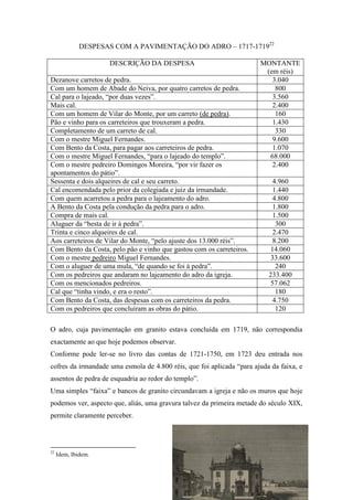 DESPESAS COM A PAVIMENTAÇÃO DO ADRO – 1717-171922
DESCRIÇÃO DA DESPESA MONTANTE
(em réis)
Dezanove carretos de pedra. 3.040
Com um homem de Abade do Neiva, por quatro carretos de pedra. 800
Cal para o lajeado, “por duas vezes”. 3.560
Mais cal. 2.400
Com um homem de Vilar do Monte, por um carreto (de pedra). 160
Pão e vinho para os carreteiros que trouxeram a pedra. 1.430
Completamento de um carreto de cal. 330
Com o mestre Miguel Fernandes. 9.600
Com Bento da Costa, para pagar aos carreteiros de pedra. 1.070
Com o mestre Miguel Fernandes, “para o lajeado do templo”. 68.000
Com o mestre pedreiro Domingos Moreira, “por vir fazer os
apontamentos do pátio”.
2.400
Sessenta e dois alqueires de cal e seu carreto. 4.960
Cal encomendada pelo prior da colegiada e juiz da irmandade. 1.440
Com quem acarretou a pedra para o lajeamento do adro. 4.800
A Bento da Costa pela condução da pedra para o adro. 1.800
Compra de mais cal. 1.500
Aluguer da “besta de ir à pedra”. 300
Trinta e cinco alqueires de cal. 2.470
Aos carreteiros de Vilar do Monte, “pelo ajuste dos 13.000 réis”. 8.200
Com Bento da Costa, pelo pão e vinho que gastou com os carreteiros. 14.060
Com o mestre pedreiro Miguel Fernandes. 33.600
Com o aluguer de uma mula, “de quando se foi à pedra”. 240
Com os pedreiros que andaram no lajeamento do adro da igreja. 233.400
Com os mencionados pedreiros. 57.062
Cal que “tinha vindo, e era o resto”. 180
Com Bento da Costa, das despesas com os carreteiros da pedra. 4.750
Com os pedreiros que concluíram as obras do pátio. 120
O adro, cuja pavimentação em granito estava concluída em 1719, não correspondia
exactamente ao que hoje podemos observar.
Conforme pode ler-se no livro das contas de 1721-1750, em 1723 deu entrada nos
cofres da irmandade uma esmola de 4.800 réis, que foi aplicada “para ajuda da faixa, e
assentos de pedra de esquadria ao redor do templo”.
Uma simples “faixa” e bancos de granito circundavam a igreja e não os muros que hoje
podemos ver, aspecto que, aliás, uma gravura talvez da primeira metade do século XIX,
permite claramente perceber.
22
Idem, Ibidem.
 