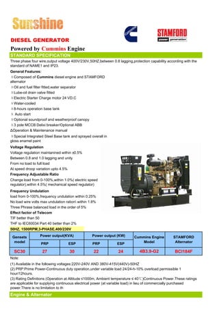DIESEL GENERATOR
Powered by Cummins Engine
STANDARD SPECIFICATION
Three phase four wire,output voltage 400V/230V,50HZ,between 0.8 lagging,protection capability according with the
standard of NAME1 and IP23.
General Features:
ΔComposed of Cummins diesel engine and STAMFORD
alternator
ΔOil and fuel filter fitted,water separator
ΔLube-oil drain valve fitted
ΔElectric Starter Charge motor 24 VD.C
ΔWater-cooled
Δ8-hours operation base tank
Δ Auto start
ΔOptional soundproof and weatherproof canopy
Δ3 pole MCCB Delixi breaker/Optional ABB
ΔOperation & Maintenance manual
ΔSpecial Integrated Steel Base tank and sprayed overall in
gloss enamel paint
Voltage Regulation
Voltage regulation maintanined within ±0.5%
Between 0.8 and 1.0 lagging and unity
From no load to full load
At speed droop variation upto 4.5%
Frequency Adjustable Ratio
Change load from 0-100%,within 1.0%( electric speed
regulator),within 4.5%( mechanical speed regulator)
Frequency Undulation
load from 0-100%,frequency undulation within 0.25%
No load wire volts max undulation ration within 1.8%
Three Phrase balanced load in the order of 5%
Effect factor of Telecom
TIF better than 50
THF to IEC60034 Part 40 better than 2%
50HZ, 1500RPM,3-PHASE,400/230V

 Gensets          Power output(KVA)               Power output (KW)       Cummins Engine         STAMFORD
  model           PRP              ESP            PRP           ESP          Model                Alternator

  SC30             27               30             22           24           4B3.9-G2             BCI184F
Note:
(1) Available in the following voltages:220V-240V AND 380V-415V(440V)-50HZ
(2) PRP:Prime Power-Continuous duty operation,under variable load 24/24-h-10% overload permissible 1
hour/12hours.
(3) Rating Definitions (Operation at Altitude ≤1000m, Ambient temperature ≤ 40℃)Continuous Power.These ratings
are applicable for supplying continuous electrical power (at variable load) in lieu of commercially purchased
power.There is no limitation to th
Engine & Alternator
 