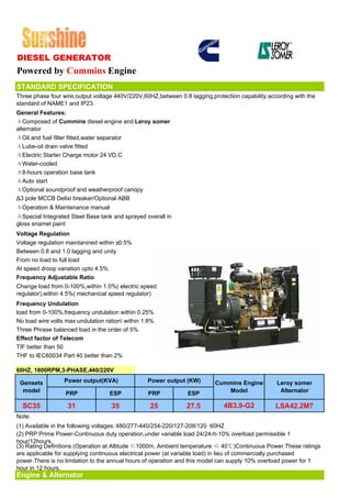 DIESEL GENERATOR
Powered by Cummins Engine
STANDARD SPECIFICATION
Three phase four wire,output voltage 440V/220V,60HZ,between 0.8 lagging,protection capability according with the
standard of NAME1 and IP23.
General Features:
ΔComposed of Cummins diesel engine and Leroy somer
alternator
ΔOil and fuel filter fitted,water separator
ΔLube-oil drain valve fitted
ΔElectric Starter Charge motor 24 VD.C
ΔWater-cooled
Δ8-hours operation base tank
ΔAuto start
ΔOptional soundproof and weatherproof canopy
Δ3 pole MCCB Delixi breaker/Optional ABB
ΔOperation & Maintenance manual
ΔSpecial Integrated Steel Base tank and sprayed overall in
gloss enamel paint
Voltage Regulation
Voltage regulation maintanined within ±0.5%
Between 0.8 and 1.0 lagging and unity
From no load to full load
At speed droop variation upto 4.5%
Frequency Adjustable Ratio
Change load from 0-100%,within 1.0%( electric speed
regulator),within 4.5%( mechanical speed regulator)
Frequency Undulation
load from 0-100%,frequency undulation within 0.25%
No load wire volts max undulation ration within 1.8%
Three Phrase balanced load in the order of 5%
Effect factor of Telecom
TIF better than 50
THF to IEC60034 Part 40 better than 2%

60HZ, 1800RPM,3-PHASE,440/220V

 Gensets          Power output(KVA)               Power output (KW)       Cummins Engine         Leroy somer
  model           PRP              ESP            PRP           ESP          Model                Alternator

  SC35             31               35             25          27.5          4B3.9-G2            LSA42.2M7
Note:
(1) Available in the following voltages: 480/277-440/254-220/127-208/120 60HZ
(2) PRP:Prime Power-Continuous duty operation,under variable load 24/24-h-10% overload permissible 1
hour/12hours.
(3) Rating Definitions (Operation at Altitude ≤1000m, Ambient temperature ≤ 40℃)Continuous Power.These ratings
are applicable for supplying continuous electrical power (at variable load) in lieu of commercially purchased
power.There is no limitation to the annual hours of operation and this model can supply 10% overload power for 1
hour in 12 hours.
Engine & Alternator
 