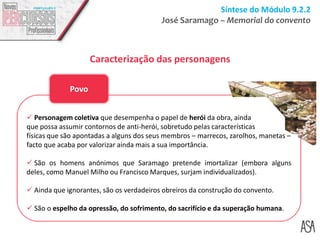 Síntese do Módulo 9.2.2
José Saramago – Memorial do convento
Caracterização das personagens
 Personagem coletiva que desempenha o papel de herói da obra, ainda
que possa assumir contornos de anti-herói, sobretudo pelas características
físicas que são apontadas a alguns dos seus membros – marrecos, zarolhos, manetas –
facto que acaba por valorizar ainda mais a sua importância.
 São os homens anónimos que Saramago pretende imortalizar (embora alguns
deles, como Manuel Milho ou Francisco Marques, surjam individualizados).
 Ainda que ignorantes, são os verdadeiros obreiros da construção do convento.
 São o espelho da opressão, do sofrimento, do sacrifício e da superação humana.
Povo
 