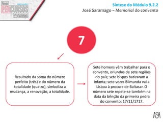 Síntese do Módulo 9.2.2
José Saramago – Memorial do convento
Resultado da soma do número
perfeito (três) e do número da
totalidade (quatro), simboliza a
mudança, a renovação, a totalidade.
Sete homens vêm trabalhar para o
convento, oriundos de sete regiões
do país; sete bispos batizaram a
infanta; sete vezes Blimunda vai a
Lisboa à procura de Baltasar. O
número sete repete-se também na
data da bênção da primeira pedra
do convento: 17/11/1717.
7
 