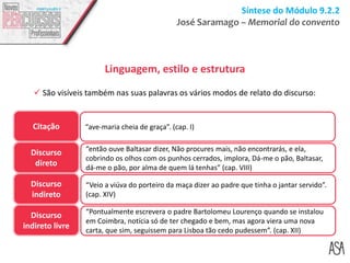 Síntese do Módulo 9.2.2
José Saramago – Memorial do convento
Linguagem, estilo e estrutura
 São visíveis também nas suas palavras os vários modos de relato do discurso:
Citação “ave-maria cheia de graça”. (cap. I)
Discurso
direto
Discurso
indireto
Discurso
indireto livre
“então ouve Baltasar dizer, Não procures mais, não encontrarás, e ela,
cobrindo os olhos com os punhos cerrados, implora, Dá-me o pão, Baltasar,
dá-me o pão, por alma de quem lá tenhas” (cap. VIII)
“Veio a viúva do porteiro da maça dizer ao padre que tinha o jantar servido”.
(cap. XIV)
“Pontualmente escrevera o padre Bartolomeu Lourenço quando se instalou
em Coimbra, notícia só de ter chegado e bem, mas agora viera uma nova
carta, que sim, seguissem para Lisboa tão cedo pudessem”. (cap. XII)
 