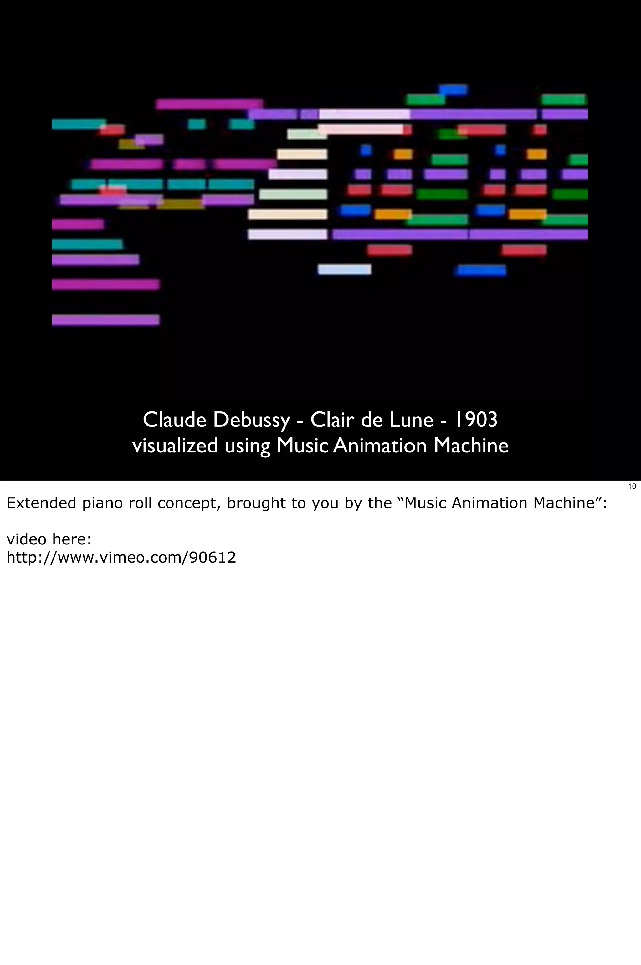 Claude Debussy - Clair de Lune - 1903
                visualized using Music Animation Machine
                                                                                10

Extended piano roll concept, brought to you by the “Music Animation Machine”:

video here:
http://www.vimeo.com/90612
 