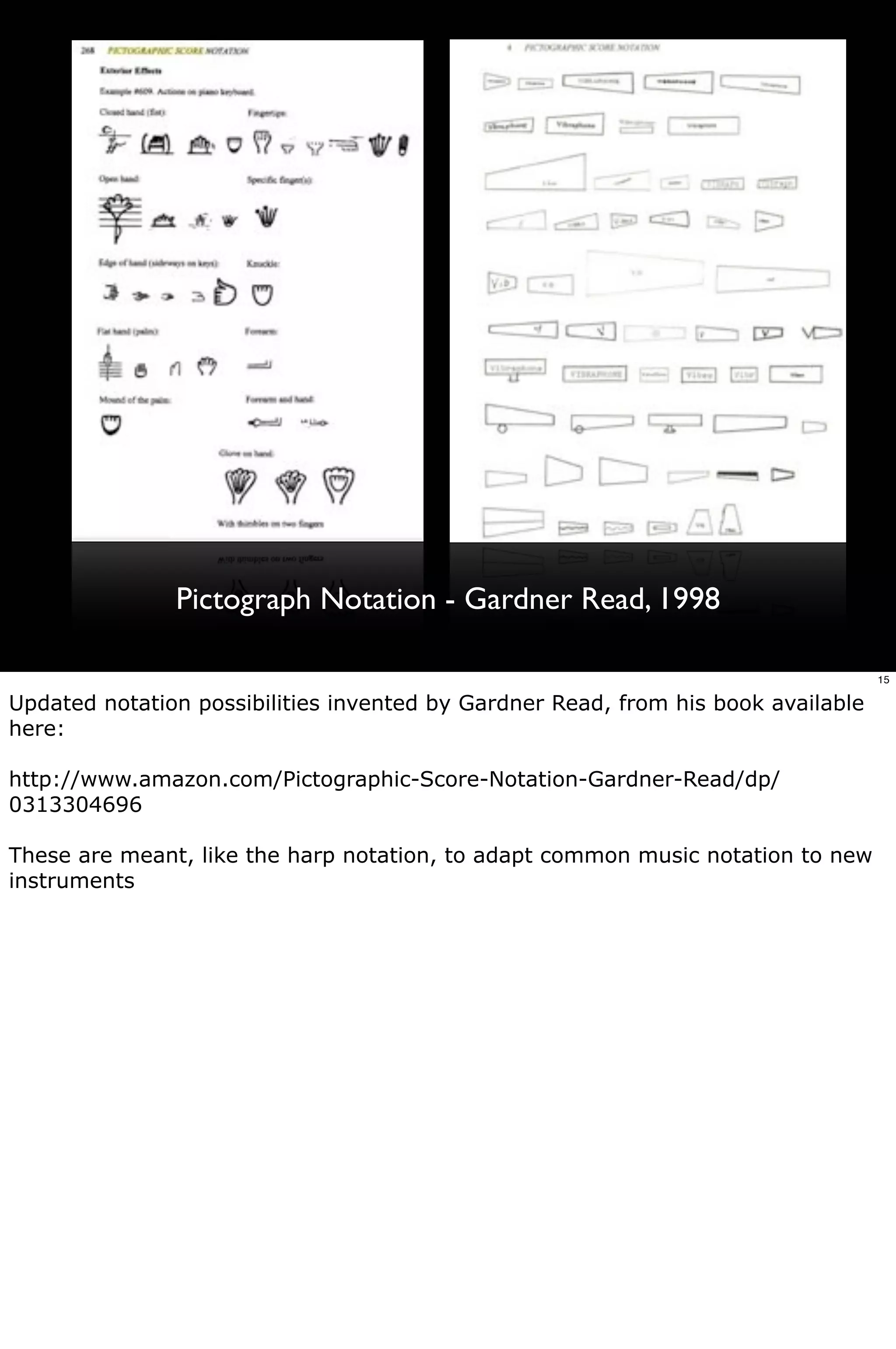 Pictograph Notation - Gardner Read, 1998

                                                                                   15

Updated notation possibilities invented by Gardner Read, from his book available
here:

http://www.amazon.com/Pictographic-Score-Notation-Gardner-Read/dp/
0313304696

These are meant, like the harp notation, to adapt common music notation to new
instruments
 
