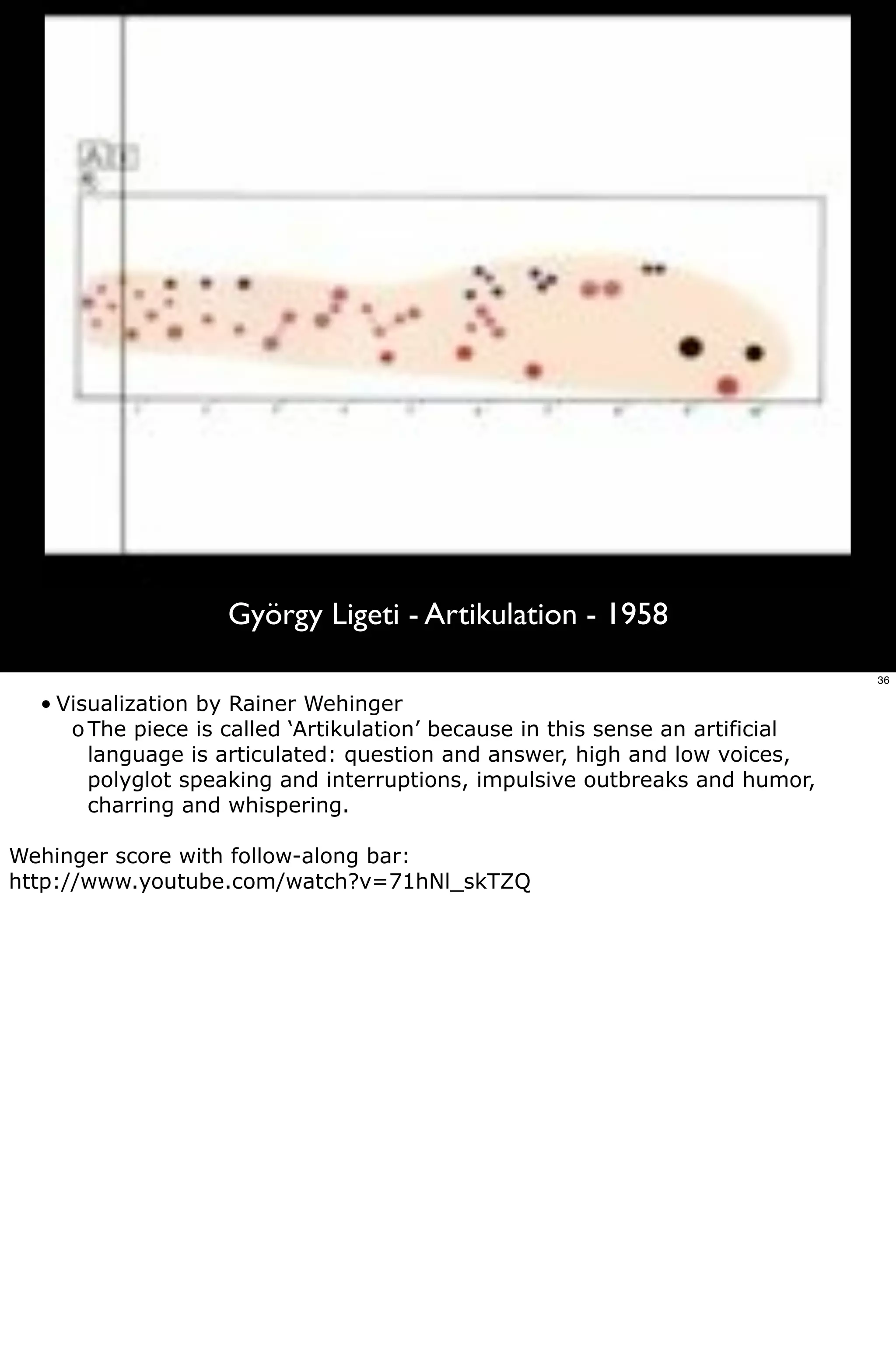 György Ligeti - Artikulation - 1958
                                                                                36

  • Visualization by Rainer Wehinger
     o The piece is called ‘Artikulation’ because in this sense an artificial
       language is articulated: question and answer, high and low voices,
       polyglot speaking and interruptions, impulsive outbreaks and humor,
       charring and whispering.

Wehinger score with follow-along bar:
http://www.youtube.com/watch?v=71hNl_skTZQ
 