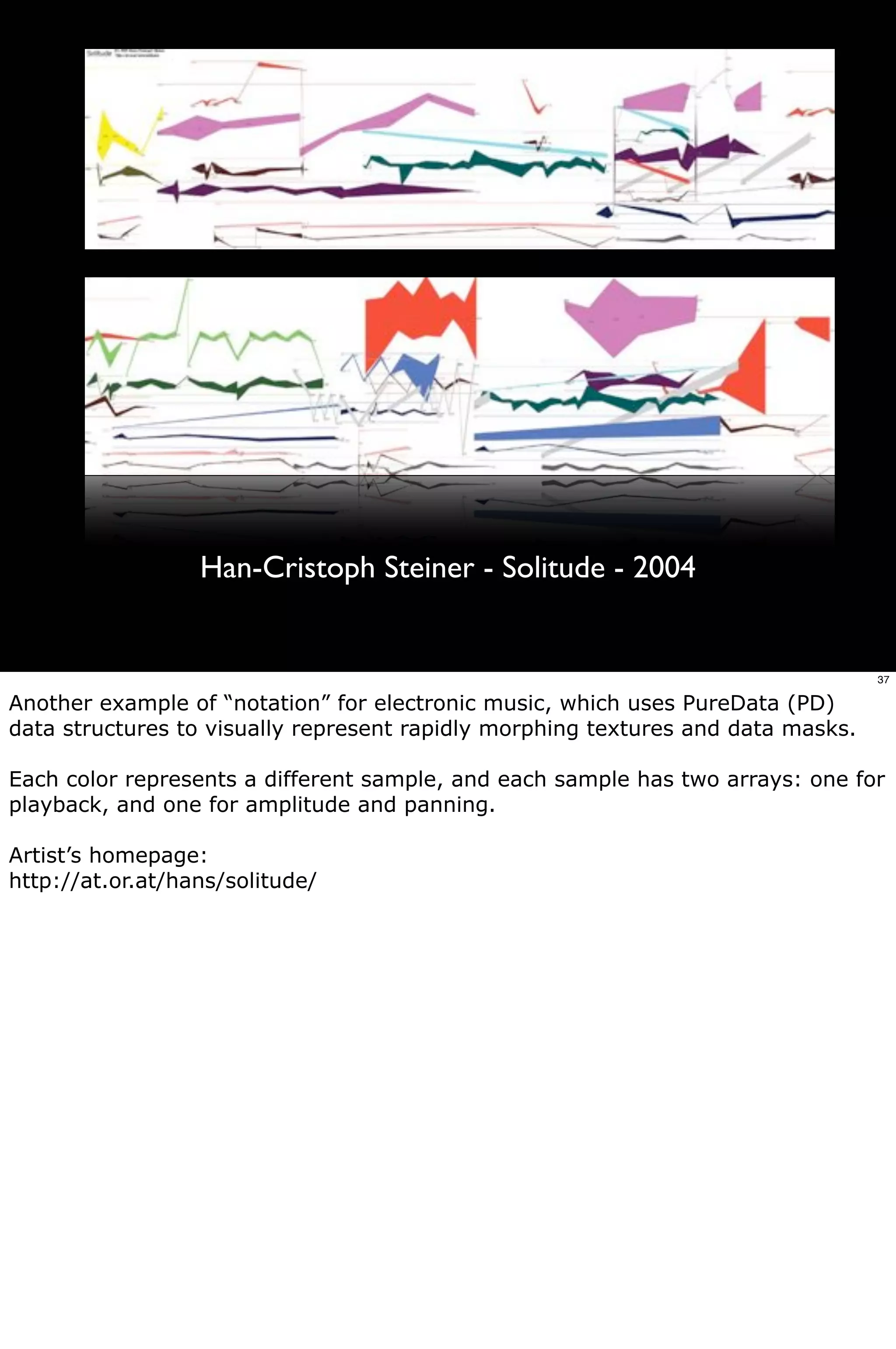 Han-Cristoph Steiner - Solitude - 2004


                                                                                  37

Another example of “notation” for electronic music, which uses PureData (PD)
data structures to visually represent rapidly morphing textures and data masks.

Each color represents a different sample, and each sample has two arrays: one for
playback, and one for amplitude and panning.

Artist’s homepage:
http://at.or.at/hans/solitude/
 
