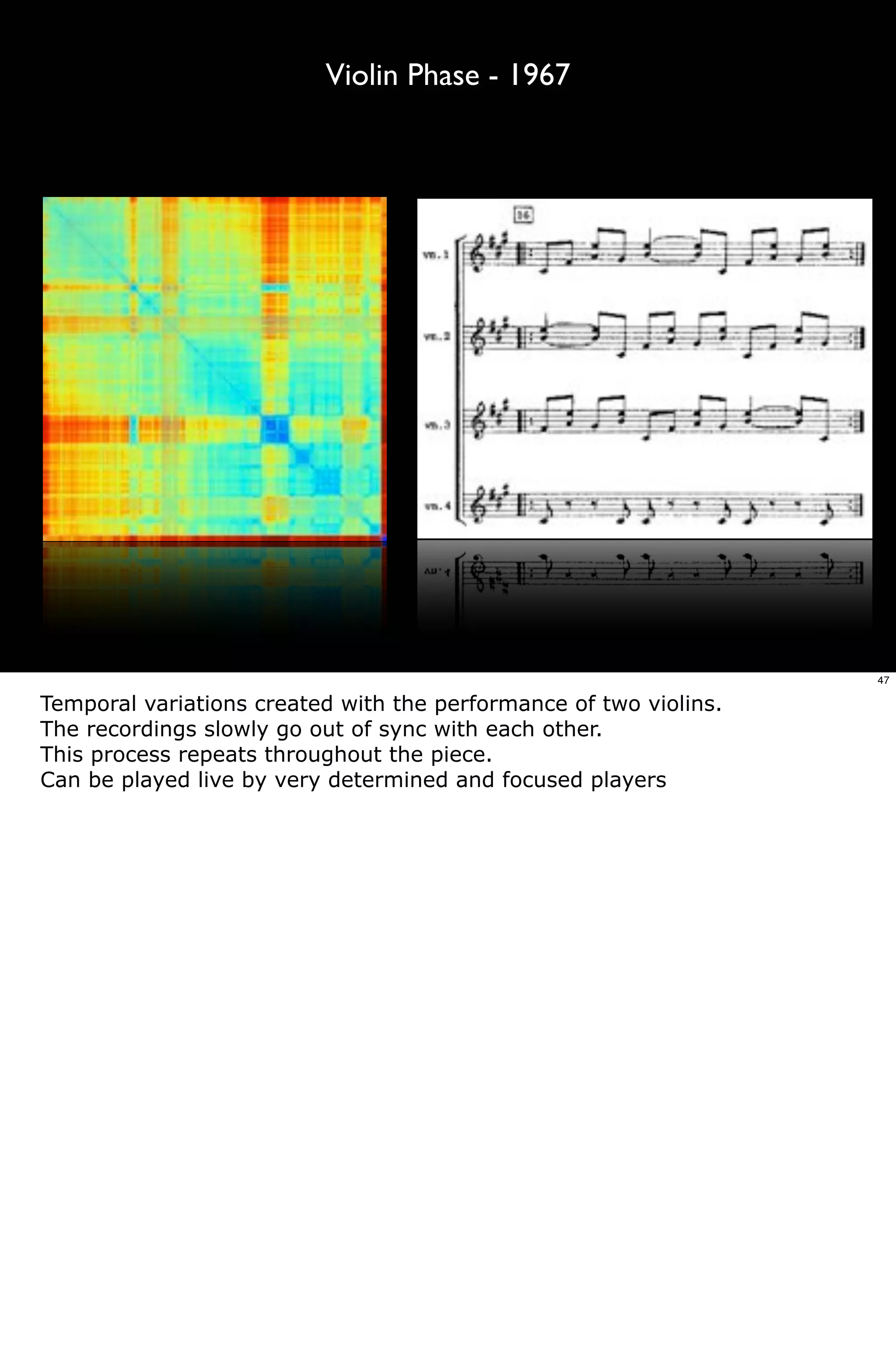Violin Phase - 1967




                                                                   47

Temporal variations created with the performance of two violins.
The recordings slowly go out of sync with each other.
This process repeats throughout the piece.
Can be played live by very determined and focused players
 