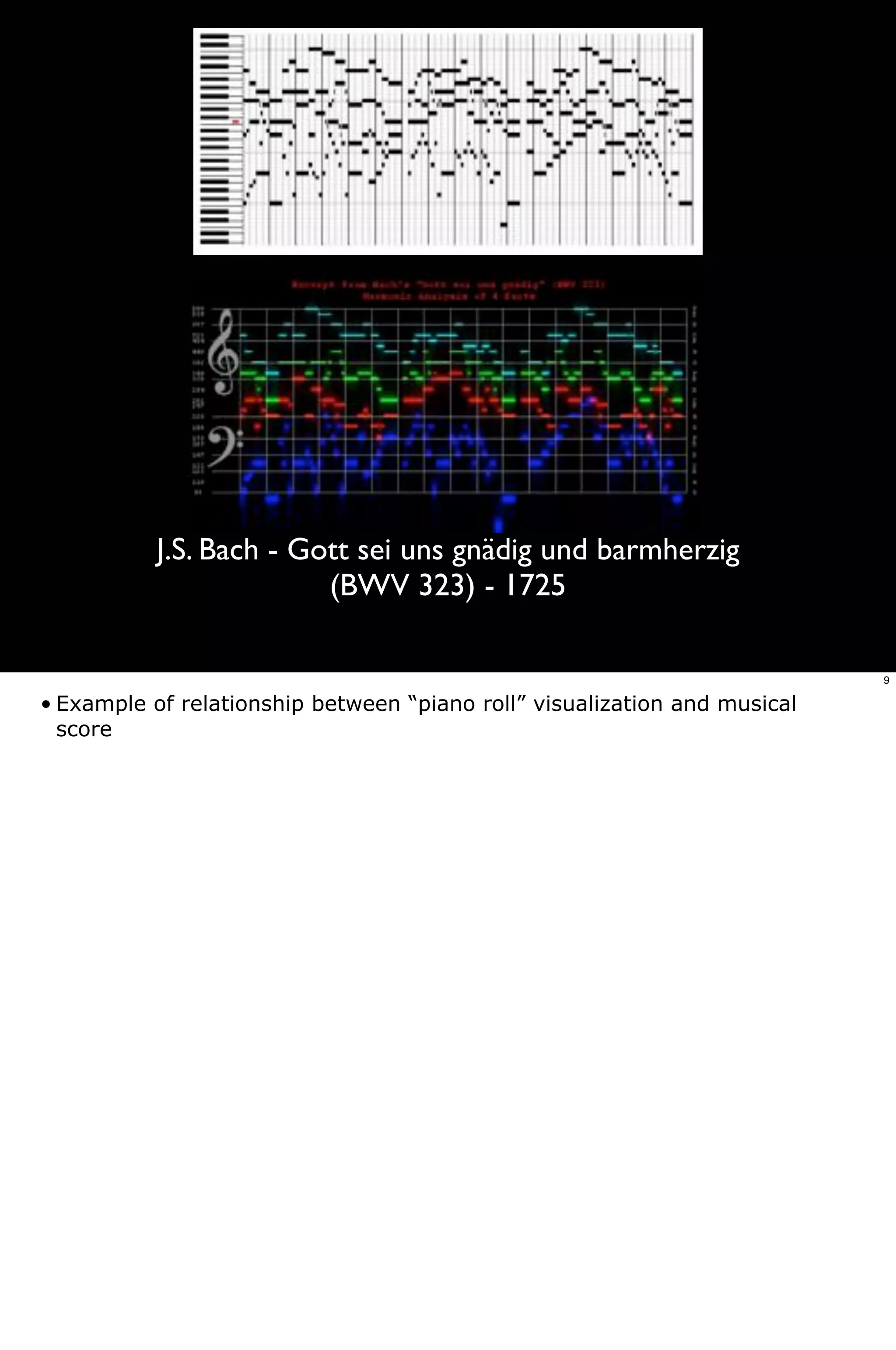J.S. Bach - Gott sei uns gnädig und barmherzig
                         (BWV 323) - 1725

                                                                           9

• Example of relationship between “piano roll” visualization and musical
  score
 