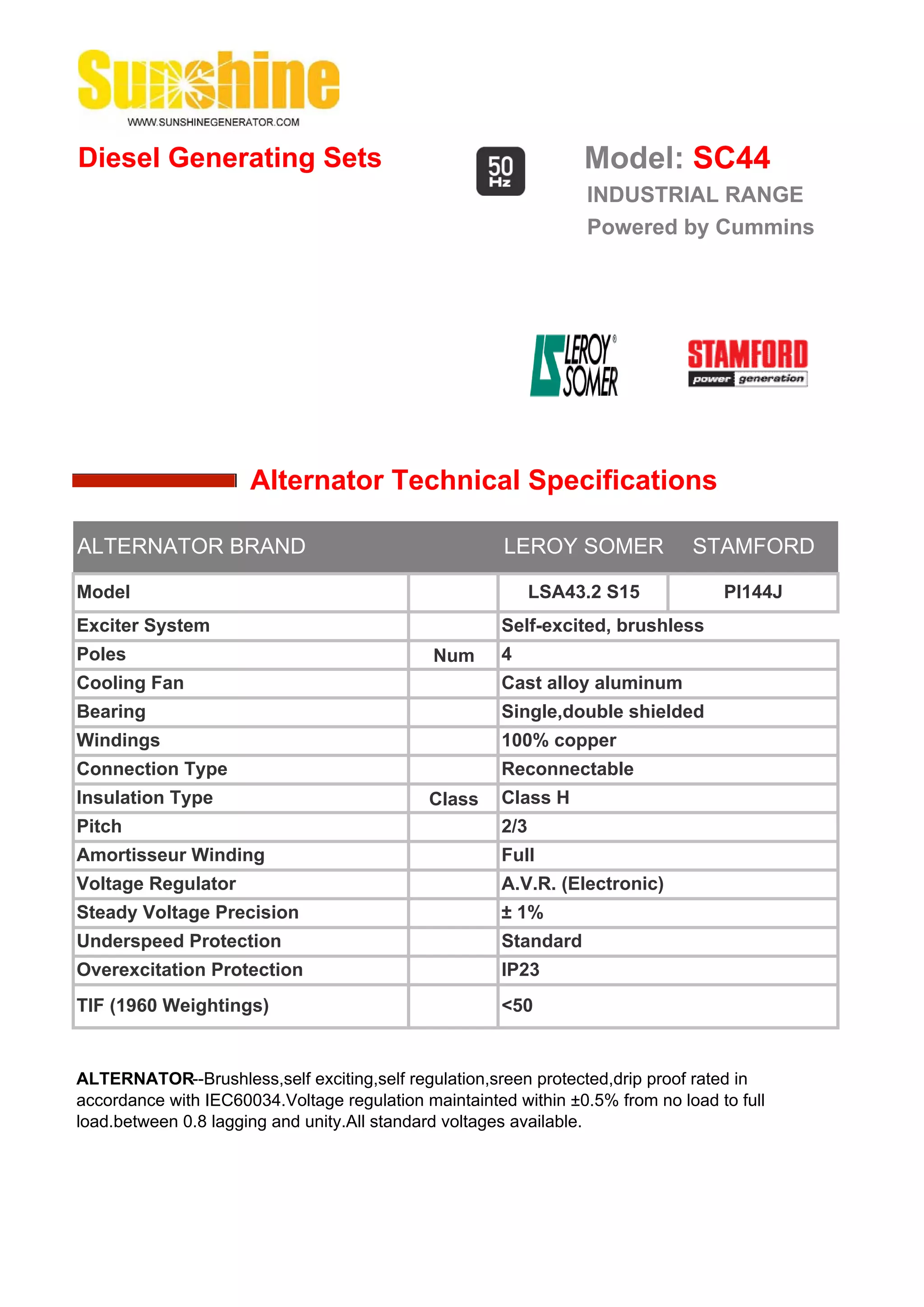 Diesel Generating Sets                                           Model: SC44
                                                                 INDUSTRIAL RANGE
                                                                 Powered by Cummins




                      Alternator Technical Specifications

ALTERNATOR BRAND                                       LEROY SOMER             STAMFORD

Model                                                       LSA43.2 S15            PI144J
Exciter System                                        Self-excited, brushless
Poles                                         Num     4
Cooling Fan                                           Cast alloy aluminum
Bearing                                               Single,double shielded
Windings                                              100% copper
Connection Type                                       Reconnectable
Insulation Type                              Class    Class H
Pitch                                                 2/3
Amortisseur Winding                                   Full
Voltage Regulator                                     A.V.R. (Electronic)
Steady Voltage Precision                              ± 1%
Underspeed Protection                                 Standard
Overexcitation Protection                             IP23
TIF (1960 Weightings)                                 <50


ALTERNATOR--Brushless,self exciting,self regulation,sreen protected,drip proof rated in
accordance with IEC60034.Voltage regulation maintainted within ±0.5% from no load to full
load.between 0.8 lagging and unity.All standard voltages available.
 