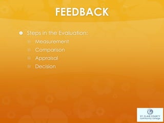 FEEDBACK
 Steps in the Evaluation:
 Measurement
 Comparison
 Appraisal
 Decision
 