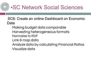 •SC Network Social Sciences
SC6: Create an online Dashboard on Economic
Data
Making budget data comparable
Harvesting heterogeneous formats
Normalize to RDF
Link & map data
Analyze data by calculating Financial Ratios
Visualize data
 