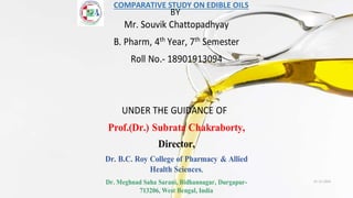Mr. Souvik Chattopadhyay
B. Pharm, 4th
Year, 7th
Semester
Roll No.- 18901913094
UNDER THE GUIDANCE OF
Prof.(Dr.) Subrata Chakraborty,
Director,
Dr. B.C. Roy College of Pharmacy & Allied
Health Sciences,
Dr. Meghnad Saha Sarani, Bidhannagar, Durgapur-
713206, West Bengal, India
COMPARATIVE STUDY ON EDIBLE OILS
BY
21-12-2016
1
 