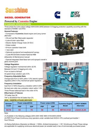 DIESEL GENERATOR
Powered by Cummins Engine
STANDARD SPECIFICATION
Three phase four wire,output voltage 400V/230V,50HZ,between 0.8 lagging,protection capability according with the
standard of NAME1 and IP23.
General Features:
ΔComposed of Cummins diesel engine and Leroy somer
alternator
ΔOil and fuel filter fitted,water separator
ΔLube-oil drain valve fitted
ΔElectric Starter Charge motor 24 VD.C
ΔWater-cooled
Δ8-hours operation base tank
Δ Auto start
ΔOptional soundproof and weatherproof canopy
Δ3 pole MCCB Delixi breaker/Optional ABB
ΔOperation & Maintenance manual
ΔSpecial Integrated Steel Base tank and sprayed overall in
gloss enamel paint
Voltage Regulation
Voltage regulation maintanined within ±0.5%
Between 0.8 and 1.0 lagging and unity
From no load to full load
At speed droop variation upto 4.5%
Frequency Adjustable Ratio
Change load from 0-100%,within 1.0%( electric speed
regulator),within 4.5%( mechanical speed regulator)
Frequency Undulation
load from 0-100%,frequency undulation within 0.25%
No load wire volts max undulation ration within 1.8%
Three Phrase balanced load in the order of 5%
Effect factor of Telecom
TIF better than 50
THF to IEC60034 Part 40 better than 2%
50HZ, 1500RPM,3-PHASE,380V/220V

 Gensets          Power output(KVA)               Power output (KW)        Cummins Engine        LEROY SOMER
  model           PRP              ESP            PRP            ESP          Model                Alternator

  SC70             63               70             50             55         4BTA3.9-G2           LSA43.2L65
Note:
(1) Available in the following voltages:220V-240V AND 380V-415V(440V)-50HZ
(2) PRP:Prime Power-Continuous duty operation,under variable load 24/24-h-10% overload permissible 1
hour/12hours.

(3) Rating Definitions (Operation at Altitude ≤1000m, Ambient temperature ≤ 55℃)Continuous Power.These ratings
are applicable for supplying continuous electrical power (at variable load) in lieu of commercially purchased power.
 