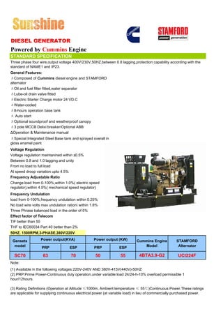 DIESEL GENERATOR
Powered by Cummins Engine
STANDARD SPECIFICATION
Three phase four wire,output voltage 400V/230V,50HZ,between 0.8 lagging,protection capability according with the
standard of NAME1 and IP23.
General Features:
ΔComposed of Cummins diesel engine and STAMFORD
alternator
ΔOil and fuel filter fitted,water separator
ΔLube-oil drain valve fitted
ΔElectric Starter Charge motor 24 VD.C
ΔWater-cooled
Δ8-hours operation base tank
Δ Auto start
ΔOptional soundproof and weatherproof canopy
Δ3 pole MCCB Delixi breaker/Optional ABB
ΔOperation & Maintenance manual
ΔSpecial Integrated Steel Base tank and sprayed overall in
gloss enamel paint
Voltage Regulation
Voltage regulation maintanined within ±0.5%
Between 0.8 and 1.0 lagging and unity
From no load to full load
At speed droop variation upto 4.5%
Frequency Adjustable Ratio
Change load from 0-100%,within 1.0%( electric speed
regulator),within 4.5%( mechanical speed regulator)
Frequency Undulation
load from 0-100%,frequency undulation within 0.25%
No load wire volts max undulation ration within 1.8%
Three Phrase balanced load in the order of 5%
Effect factor of Telecom
TIF better than 50
THF to IEC60034 Part 40 better than 2%
50HZ, 1500RPM,3-PHASE,380V/220V

 Gensets          Power output(KVA)               Power output (KW)        Cummins Engine          STAMFORD
  model           PRP              ESP            PRP            ESP          Model                 Alternator

  SC70             63               70             50             55         4BTA3.9-G2             UCI224F
Note:
(1) Available in the following voltages:220V-240V AND 380V-415V(440V)-50HZ
(2) PRP:Prime Power-Continuous duty operation,under variable load 24/24-h-10% overload permissible 1
hour/12hours.

(3) Rating Definitions (Operation at Altitude ≤1000m, Ambient temperature ≤ 55℃)Continuous Power.These ratings
are applicable for supplying continuous electrical power (at variable load) in lieu of commercially purchased power.
 