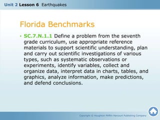 Unit 2 Lesson 6 Earthquakes
Florida Benchmarks
Copyright © Houghton Mifflin Harcourt Publishing Company
• SC.7.N.1.1 Define a problem from the seventh
grade curriculum, use appropriate reference
materials to support scientific understanding, plan
and carry out scientific investigations of various
types, such as systematic observations or
experiments, identify variables, collect and
organize data, interpret data in charts, tables, and
graphics, analyze information, make predictions,
and defend conclusions.
 