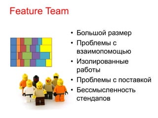 Feature Team 
• Большой размер 
• Проблемы с 
взаимопомощью 
• Изолированные 
работы 
• Проблемы с поставкой 
• Бессмысленность 
стендапов 
 