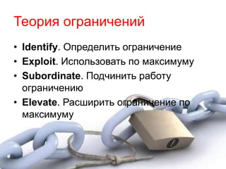 Теория ограничений 
• Identify. Определить ограничение 
• Exploit. Использовать по максимуму 
• Subordinate. Подчинить работу 
ограничению 
• Elevate. Расширить ограничение по 
максимуму 
 