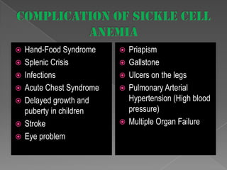 










Hand-Food Syndrome
Splenic Crisis
Infections
Acute Chest Syndrome
Delayed growth and
puberty in children
Stroke
Eye problem









Priapism
Gallstone
Ulcers on the legs
Pulmonary Arterial
Hypertension (High blood
pressure)
Multiple Organ Failure

 
