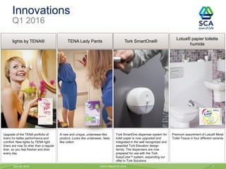 Innovations
Q1 2016
April 28, 2016 Interim Report Q1 2016 7
Tork SmartOne dispenser system for
toilet paper is now upgraded and
integrated in the well recognized and
awarded Tork Elevation design
family. The dispensers are now
prepared for use with the Tork
EasyCube system, expanding our
offer in Tork Solutions
Tork SmartOne®
Lotus® papier toilette
humide
Premium assortment of Lotus® Moist
Toilet Tissue in four different variants
TENA Lady Pants
A new and unique, underwear-like
product. Looks like underwear, feels
like cotton
Upgrade of the TENA portfolio of
liners for better performance and
comfort. New lights by TENA light
liners are now 5x drier than a regular
liner, so you feel fresher and drier
every day.
lights by TENA®
 