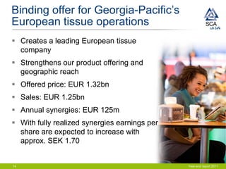 Binding offer for Georgia-Pacific’s
European tissue operations
 Creates a leading European tissue
  company
 Strengthens our product offering and
  geographic reach
 Offered price: EUR 1.32bn
 Sales: EUR 1.25bn
 Annual synergies: EUR 125m
 With fully realized synergies earnings per
  share are expected to increase with
  approx. SEK 1.70


14                                             Year-end report 2011
 