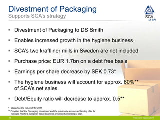 Divestment of Packaging
Supports SCA’s strategy

 Divestment of Packaging to DS Smith
 Enables increased growth in the hygiene business
 SCA’s two kraftliner mills in Sweden are not included
 Purchase price: EUR 1.7bn on a debt free basis
 Earnings per share decrease by SEK 0.73*
 The hygiene business will account for approx. 80%**
  of SCA’s net sales
 Debt/Equity ratio will decrease to approx. 0.5**
* Based on the net profit for 2011
** Provided that the Packaging divestment and the previously announced binding offer for
    Georgia-Pacific’s European tissue business are closed according to plan.
15                                                                                         Year-end report 2011
 