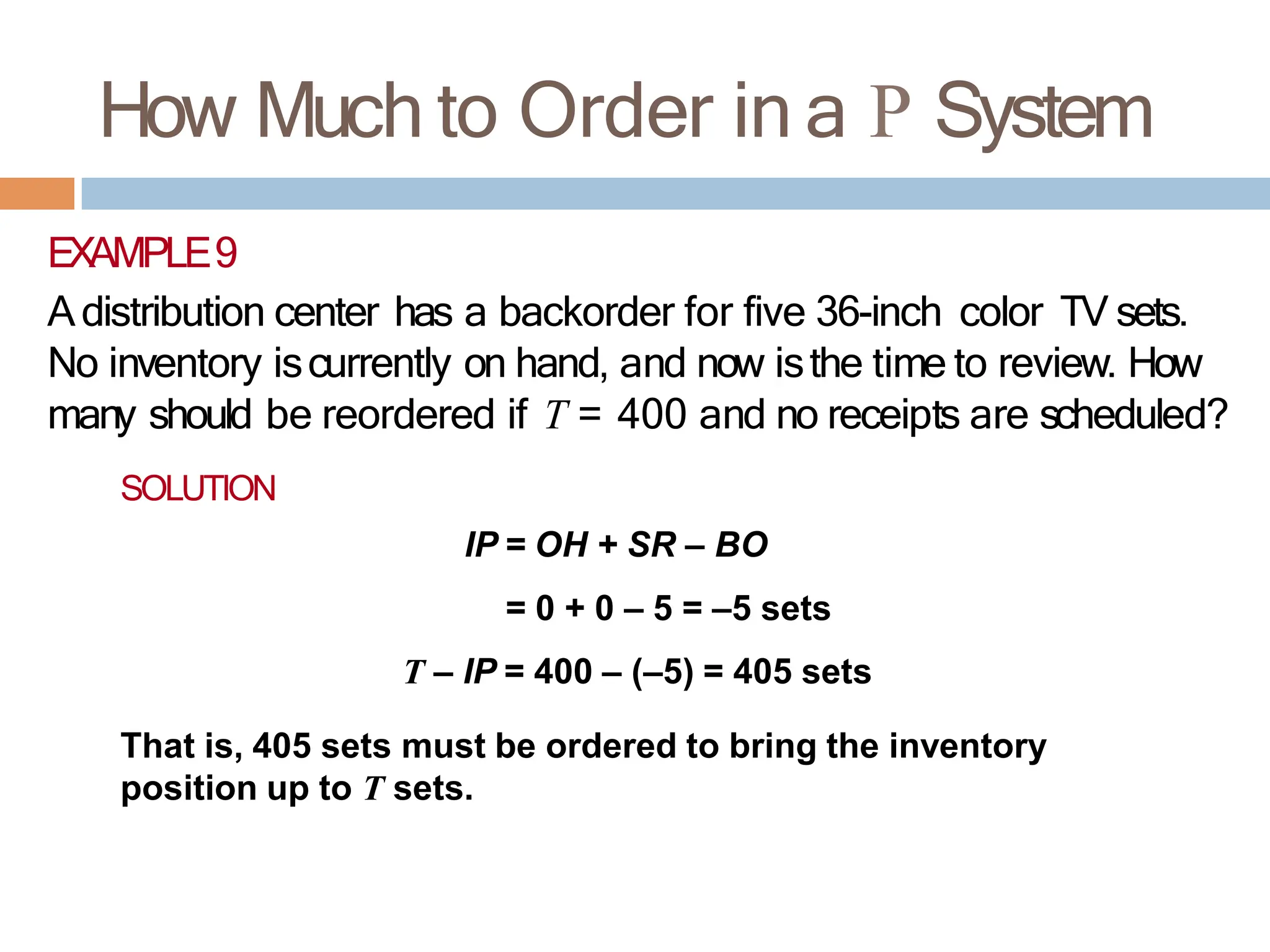 How Much to Order in a P System
EXAMPLE9
Adistribution center has a backorder for five 36-inch color TV sets.
No inventory iscurrently on hand, and now isthe time to review. How
many should be reordered if T = 400 and no receipts are scheduled?
SOLUTION
IP = OH + SR – BO
= 0 + 0 – 5 = –5 sets
T – IP = 400 – (–5) = 405 sets
That is, 405 sets must be ordered to bring the inventory
position up to T sets.
 