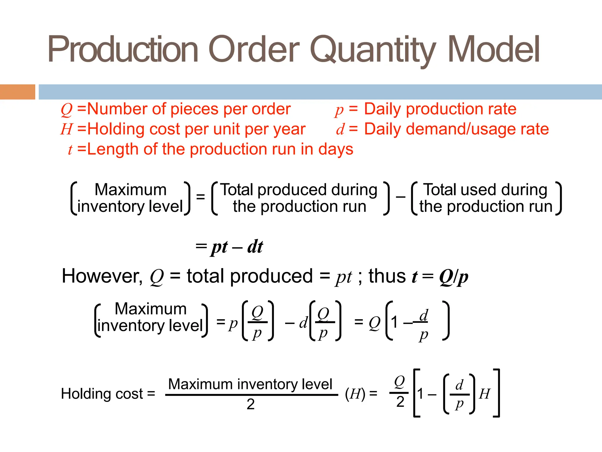 Production Order Quantity Model
Q =Number of pieces per order
H =Holding cost per unit per year
p = Daily production rate
d = Daily demand/usage rate
t =Length of the production run in days
= – Total used during
the production run
Maximum
inventory level
Total produced during
the production run
= pt – dt
However, Q = total produced = pt ; thus t = Q/p
Maximum
inventory level = p
p
– d
Q
= Q 1 – d
Q
p p
Holding cost = (H) = 1 – H
d
p
Q
2
Maximum inventory level
2
 