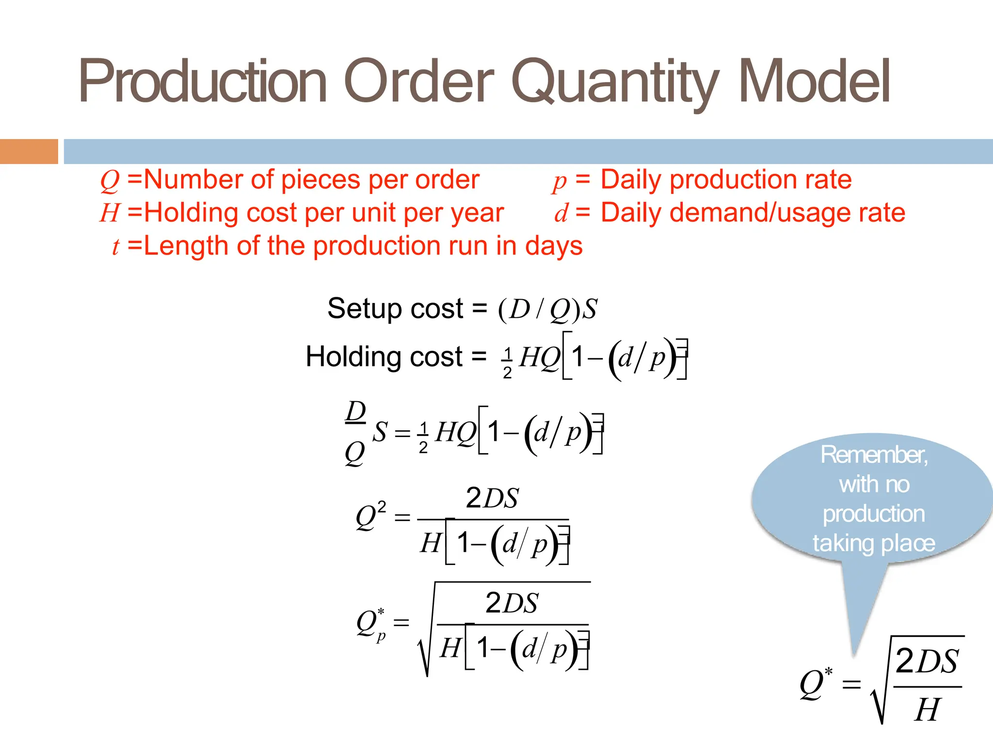 Production Order Quantity Model
Q =Number of pieces per order
H =Holding cost per unit per year
p = Daily production rate
d = Daily demand/usage rate
t =Length of the production run in days
Setup cost = (D / Q)S
1
2
Holding cost = HQ 1 d p


 
D
Q
1
2
S  HQ 1 d p


 
2
Q 
2DS
H1d p
 
p
Q*

2DS
H1d p
 
Q*

2DS
H
Remember,
with no
production
taking place
 