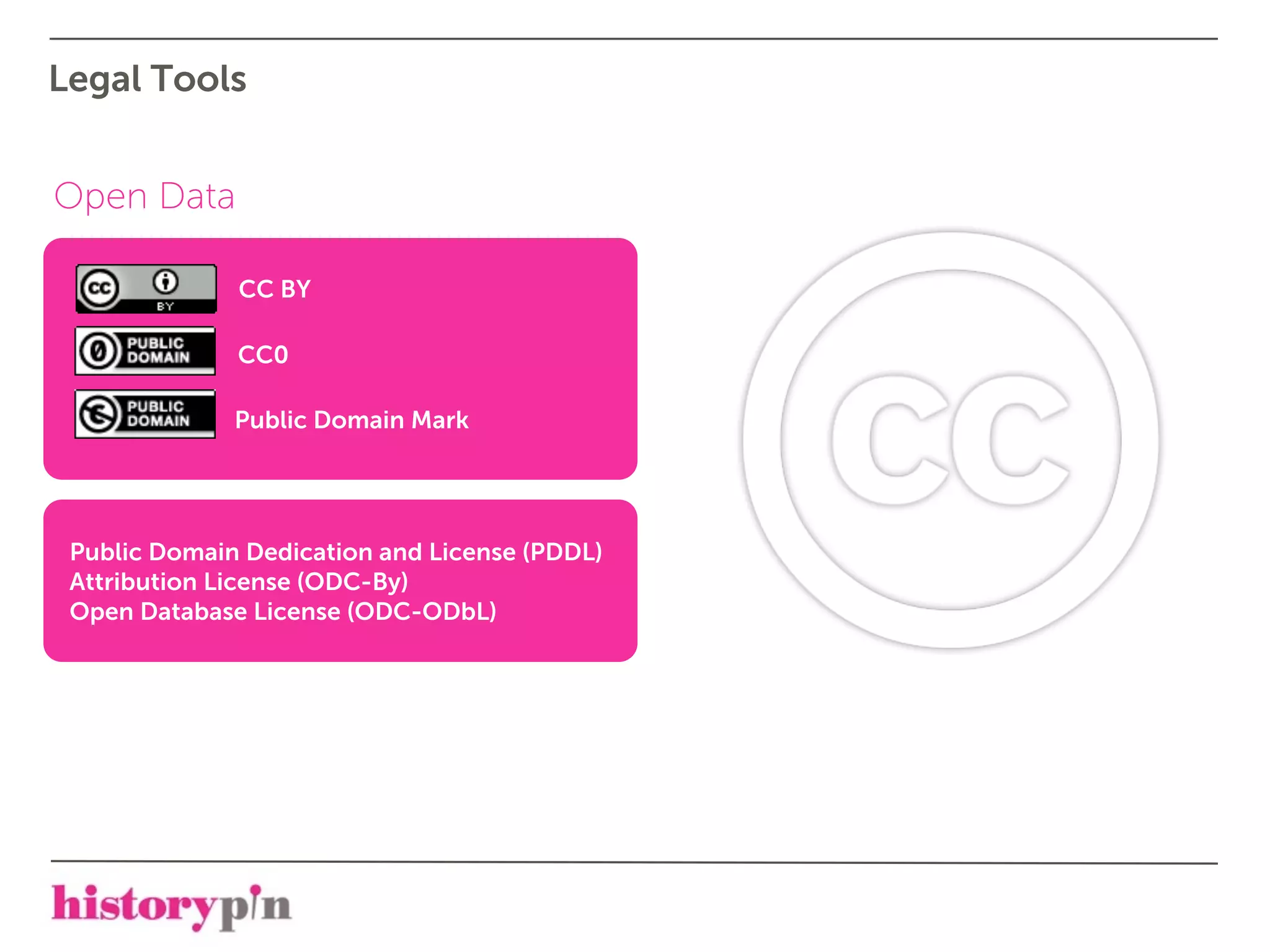Legal Tools


Open Data

              CC BY

              CC0

              Public Domain Mark




 Public Domain Dedication and License (PDDL)
 Attribution License (ODC-By)
 Open Database License (ODC-ODbL)
 