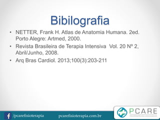 pcarefisioterapia.com.br/pcarefisioterapia
Bibilografia
• NETTER, Frank H. Atlas de Anatomia Humana. 2ed.
Porto Alegre: Artmed, 2000.
• Revista Brasileira de Terapia Intensiva Vol. 20 Nº 2,
Abril/Junho, 2008.
• Arq Bras Cardiol. 2013;100(3):203-211
 