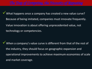 The Trap of Competing, the Necessity of Repeating

What happens once a company has created a new value curve?
Because of ...
