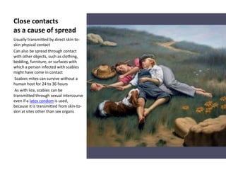 Close contacts
as a cause of spread
Usually transmitted by direct skin-to-
skin physical contact
Can also be spread through contact
with other objects, such as clothing,
bedding, furniture, or surfaces with
which a person infected with scabies
might have come in contact
 Scabies mites can survive without a
human host for 24 to 36 hours
 As with lice, scabies can be
transmitted through sexual intercourse
even if a latex condom is used,
because it is transmitted from skin-to-
skin at sites other than sex organs
 