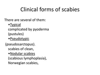Clinical forms of scabies
There are several of them:
•Typical
complicated by pyoderma
(pustules)
•Pseudotypic
(pseudosarctopus).
scabies of clean,
•Nodular scabies
(scabious lymphoplasia),
Norwegian scabies,
 