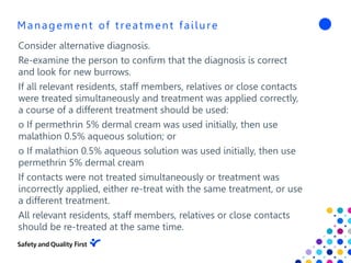 Management of treatment failure
Consider alternative diagnosis.
Re-examine the person to confirm that the diagnosis is correct
and look for new burrows.
If all relevant residents, staff members, relatives or close contacts
were treated simultaneously and treatment was applied correctly,
a course of a different treatment should be used:
o If permethrin 5% dermal cream was used initially, then use
malathion 0.5% aqueous solution; or
o If malathion 0.5% aqueous solution was used initially, then use
permethrin 5% dermal cream
If contacts were not treated simultaneously or treatment was
incorrectly applied, either re-treat with the same treatment, or use
a different treatment.
All relevant residents, staff members, relatives or close contacts
should be re-treated at the same time.
 