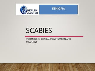 SCABIES
EPIDEMIOLOGY, CLINICAL MANIFESTATION AND
TREATMENT
 