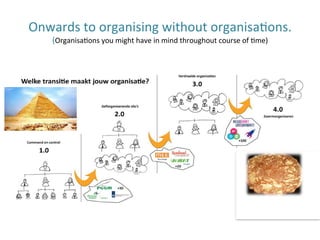 Onwards	to	organising	without	organisaHons.	
(OrganisaHons	you	might	have	in	mind	throughout	course	of	Hme)	
	
 