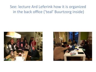 Complex	AdapAve	People	See:	lecture	Ard	Leferink	how	it	is	organized	
	in	the	back	oﬃce	(‘teal’	Buurtzorg	inside)	
 
