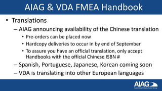 AIAG & VDA FMEA Handbook
• Translations
– AIAG announcing availability of the Chinese translation
• Pre-orders can be placed now
• Hardcopy deliveries to occur in by end of September
• To assure you have an official translation, only accept
Handbooks with the official Chinese ISBN #
– Spanish, Portuguese, Japanese, Korean coming soon
– VDA is translating into other European languages
 