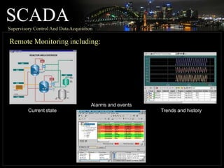 SCADA
Supervisory Control And DataAcquisition
Current state
Alarms and events
Trends and history
Remote Monitoring including:
 