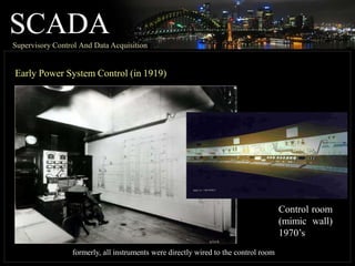 SCADA
Supervisory Control And Data Acquisition
Early Power System Control (in 1919)
Control room
(mimic wall)
1970’s
formerly, all instruments were directly wired to the control room
 